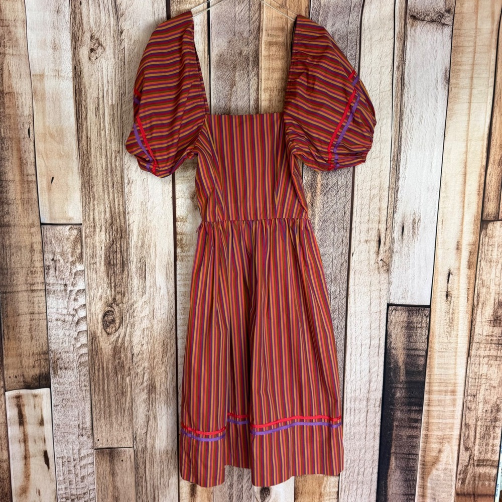 St Gillian Kay Unger Striped Puff Sleeve Midi Dress Statement Vintage 90s Size 8